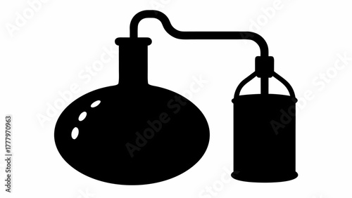 Black silhouette of distillation apparatus with round bottom flask and condenser shown clearly here