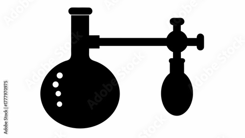 Illustration of a distilling apparatus with a round bottom flask and a condenser in black color