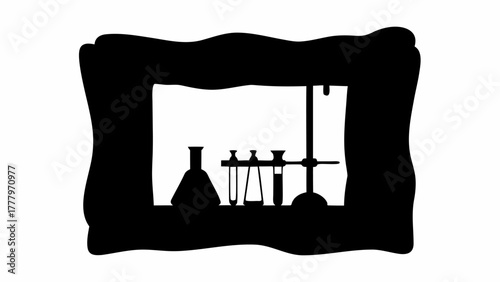 Silhouette of laboratory glassware including flasks and test tubes in a dark frame design element