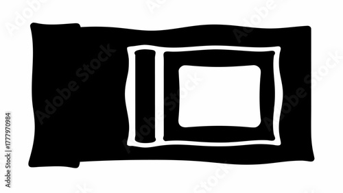 Abstract black and white design featuring nested rectangular shapes with irregular outlines and solid fill