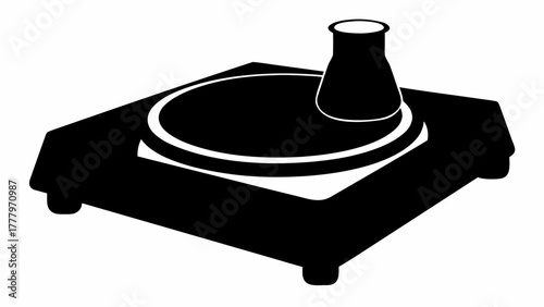 Illustration of a laboratory flask on a shaker platform in black and white vector graphic style