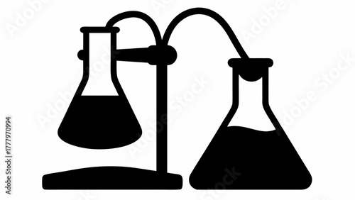 Black silhouette of distillation setup with two flasks connected by a tube on a stand apparatus