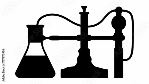 Silhouette of a laboratory distillation apparatus with flask and tubing on white background