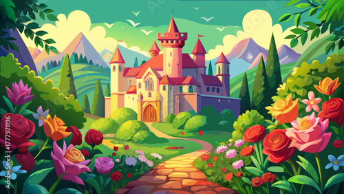 An elegant medieval castle nestled in vibrant green gardens with blooming roses and wildflowers, bright sunlight highlighting the natural beauty and harmony of nature and architecture, detailed vector