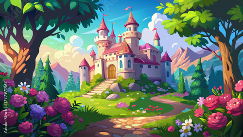 A majestic fairytale castle surrounded by lush greenery and colorful blooming flowers, gentle sunlight reflecting on the stone walls, creating a magical spring atmosphere full of life and beauty
