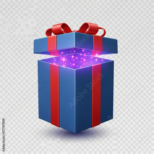 An open gift box is shown, with a red bow and a blue box.  It is filled with purple light and floating particles. The composition exudes mystery and excitement.  vector illustration