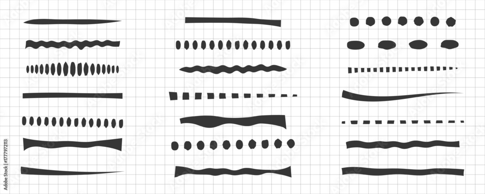 Fototapeta premium Set of abstract wavy hand-drawn brush stroke and solid lines in grid background