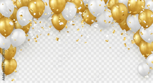 A festive party arrangement of elegant gold and white balloons, adorned with scattered confetti, creating a celebratory atmosphere. vector illustration