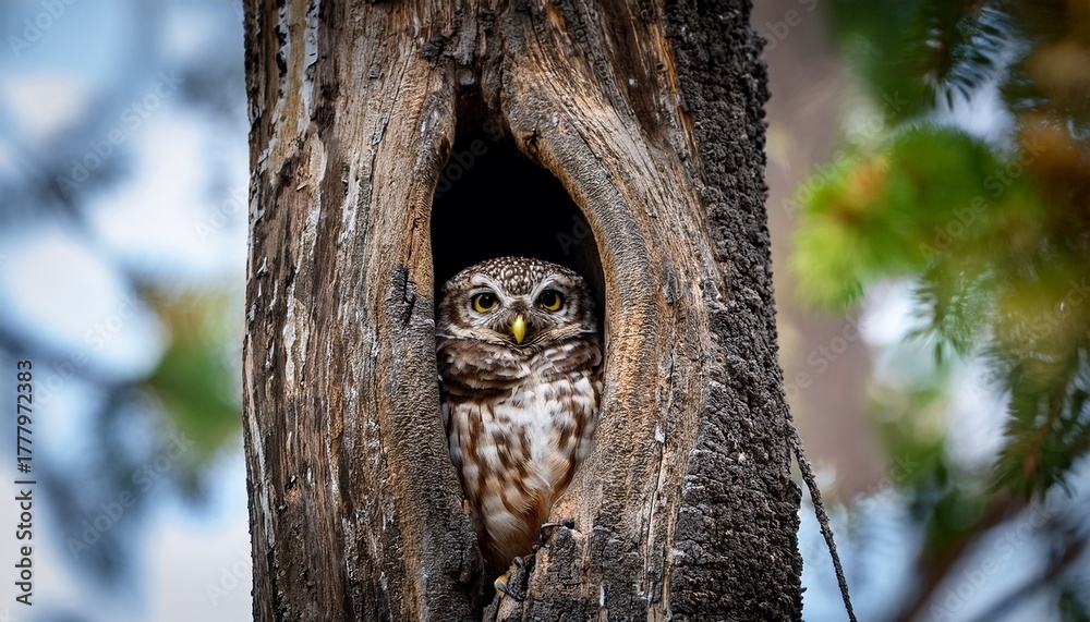 Obraz premium northern spotted owl peeking from tree hollow at a low angle
