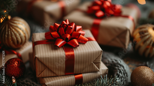 A brown box with a red bow on top of it. Christmas, New Year, Cyber Monday, sale, purchase, black friday