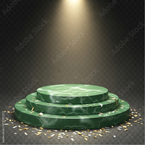A luxurious green marble pedestal, elevated and illuminated by a spotlight, stands against a textured background. Sparking excitement and allure. vector illustration
