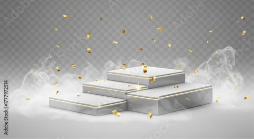 A luxurious marble podium with golden accents, bathed in ethereal fog and a cascade of glittering confetti, creating a scene of elegance and celebration. vector illustration