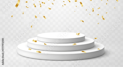 A minimalist podium of three steps is elegantly adorned with gold confetti, offering an ideal setting for showcasing products or celebrating achievements. vector illustration