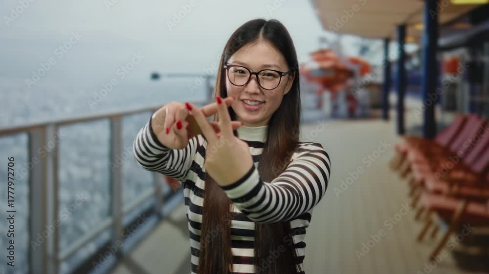 Woman gesturing hashtag on seaside boat deck with striped sweater and long hair, showcasing beauty and playfulness in a tranquil outdoor maritime setting.