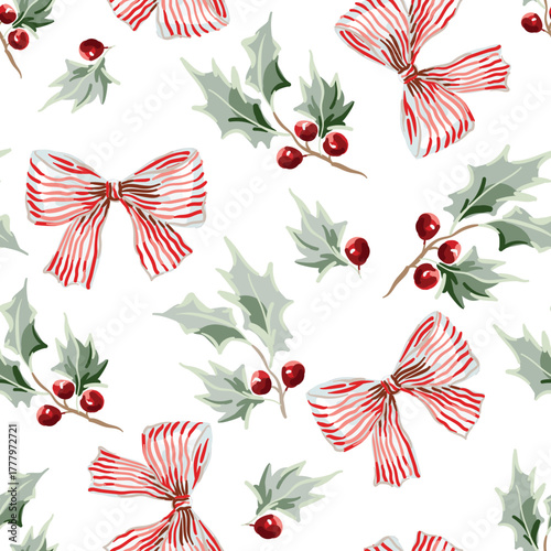 Christmas seamless pattern, holly twigs with red berries, striped bows, white background. Vector illustration. Nature design. Season greeting. Winter holidays