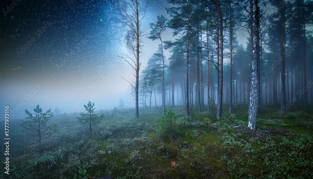 Fototapeta premium dense birch and pine forest floor under starry night sky with misty atmosphere misty nature baltic sea