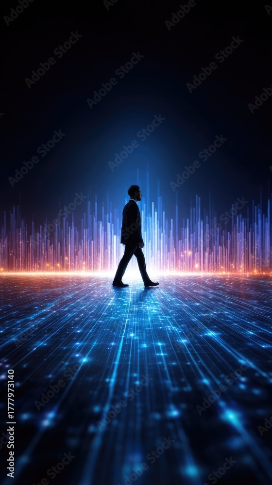 Fototapeta premium Businessman Walking Through Futuristic Digital Landscape with Data Visualization