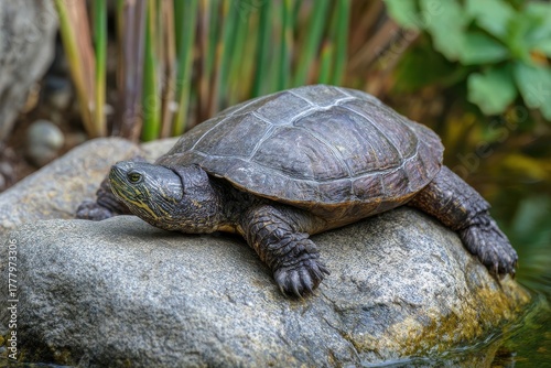 California Western Pond Turtle Relaxing peacefully on a Sunlit Rock by the Duck Pond