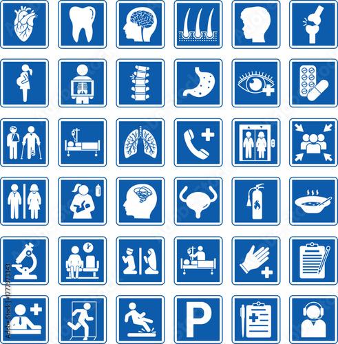 Blue Hospital Signs. Vector Icons: Cardiology, Dentistry, Neurology, Dermatology, Urology, Pediatrics, Ophthalmology, Gynecology, Orthopedics, Psychiatry, Traumatology, Ambulance, and Others