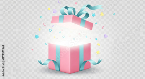 An open gift box. Revealing a vibrant display of sparkling light, and colorful confetti, symbolizing surprise, joy, and the unveiling of a treasured offering.  vector illustration