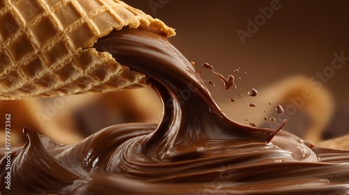 Rich melted chocolate flows dynamically from an upturned crisp wafer cone