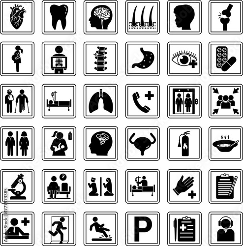 Hospital Signs. Vector Icons: Cardiology, Dentistry, Neurology, Dermatology, Urology, Pediatrics, Ophthalmology, Gynecology, Orthopedics, Psychiatry, Traumatology, Ambulance, and Others