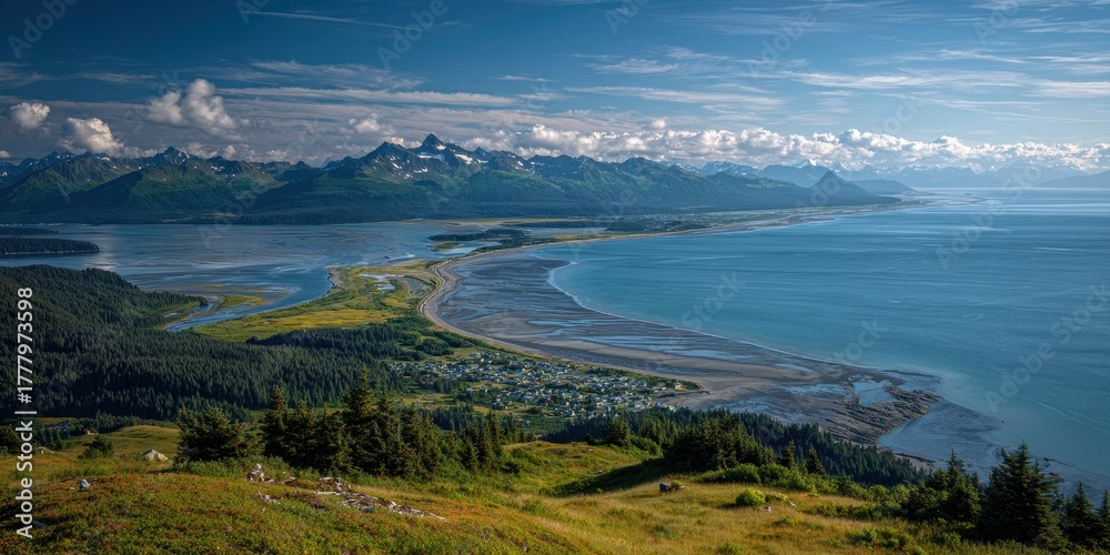Obraz premium Breathtaking Sunrise Over Homer Spit: A Scenic View of Kachemak Bay and Alpine Shores