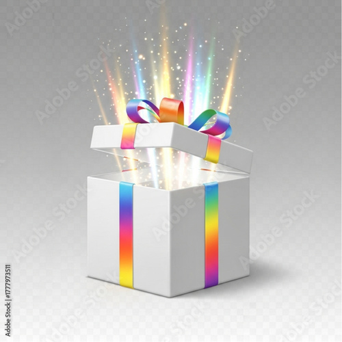 A vibrant gift box with an open lid, emanating colorful light beams, symbolizing surprises and special moments. vector illustration