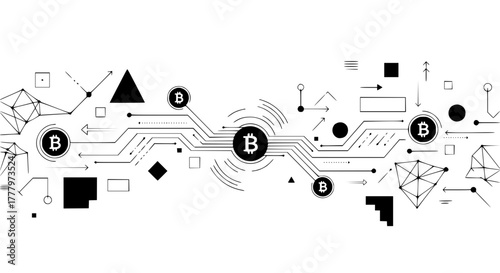 Abstract vector of blockchain connections with Bitcoin icons, geometric black and white design