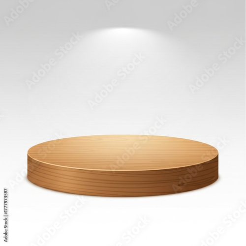 A minimalistic wooden pedestal stage, bathed in the soft glow of a spotlight, poised for product showcase. vector illustration