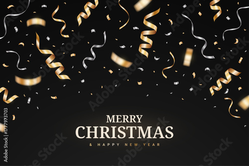 Christmas gold and silver confetti celebration party isolated on a black background. Falling golden ribbon for Christmas and New Year design. Confetti explosion on white backdrop. Vector illustration
