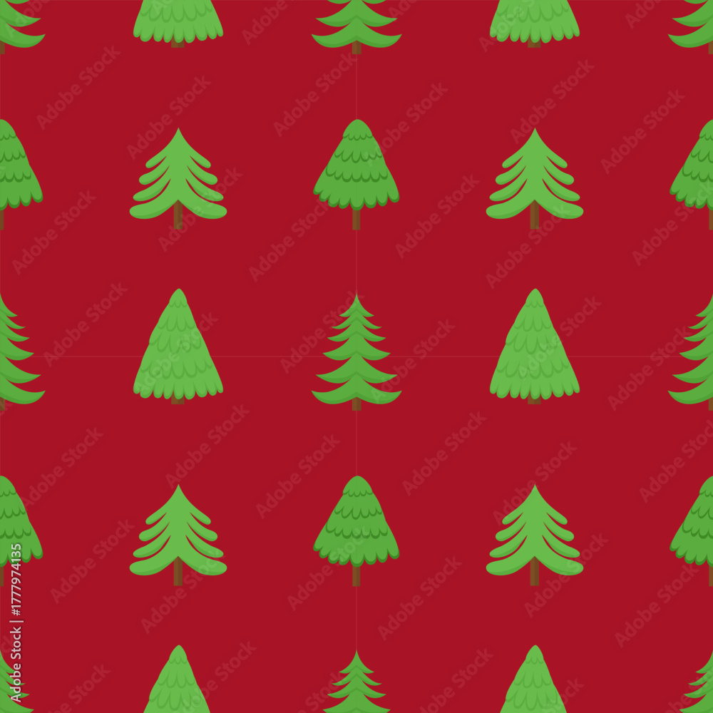 Obraz premium Chrisrtmas tree flat vector seamless pattern. Pines and fir trees pattern on red background