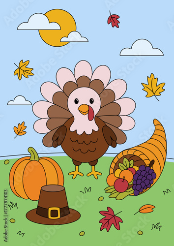 Kids illustration with turkey,pilgrim hat,pumpkin. Happy thanksgiving day. Children illustration for colour books, education matherials,decorations. Cartoon flat style. Vector illustration.