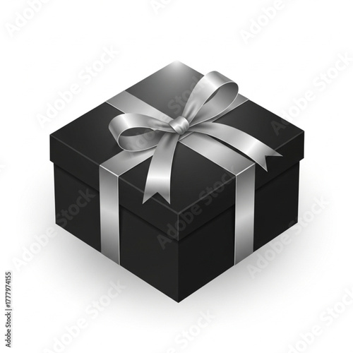 A sleek black gift box is elegantly presented, adorned with a shimmering silver ribbon and bow. Perfect for any occasion. vector illustration