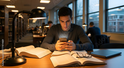 Student Researching on Smartphone in University Library