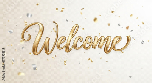 A radiant golden Welcome message is artistically presented, interwoven with a scattering of confetti in a charming and celebratory style. vector illustration