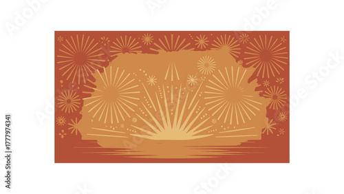 Vibrant abstract golden sunburst radiating light over a red background with firework patterns