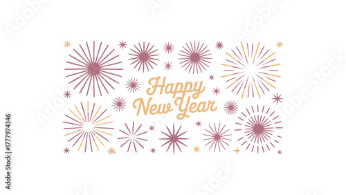 Vibrant purple and pink fireworks explode in a dazzling display celebrating the happy new year holiday occasion