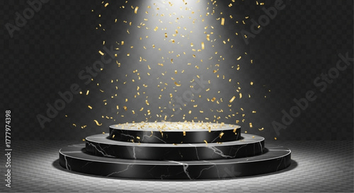 A captivating spotlight shines down upon a sleek, multi-tiered marble podium as shimmering confetti descends, a perfect visual for celebratory occasions. vector illustration