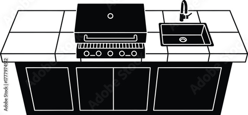 Modern kitchen grill and sink, cupboard with stainless steel patio cooking setup top view. 