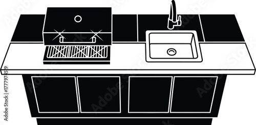 Modern kitchen grill and sink, cupboard with stainless steel patio cooking setup top view. 