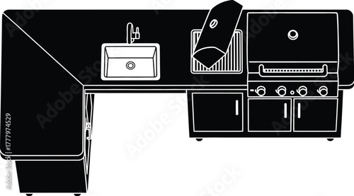 Modern kitchen grill and sink, cupboard with stainless steel patio cooking setup top view. 