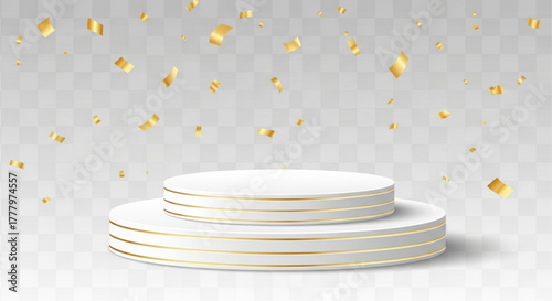 A blank stage for product or celebration in gold confetti shower. It has a high-angle shot showcasing a cylindrical pedestal with gold accents and gold confetti falling from above. vector illustration