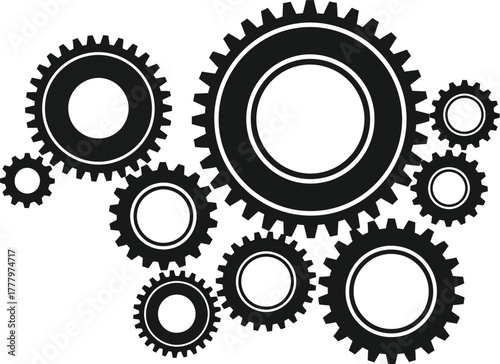 Gear cogwheel mechanism, engineering technology process and teamwork system vector illustration icon silhouette. 