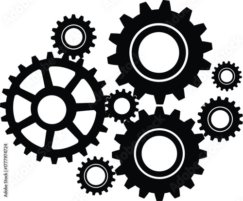 Gear cogwheel mechanism, engineering technology process and teamwork system vector illustration icon silhouette. 