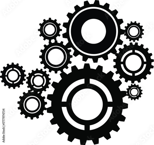 Gear cogwheel mechanism, engineering technology process and teamwork system vector illustration icon silhouette. 