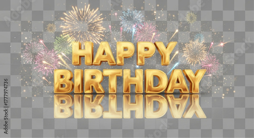 A shimmering Happy Birthday text is set against a vibrant fireworks display, creating a festive visual for a joyful celebration. vector illustration