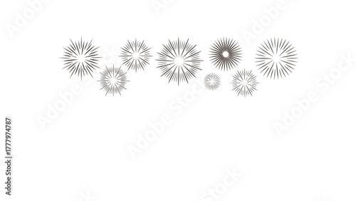 Abstract black and white graphic design of radiating lines forming starbursts and circular patterns against a white background