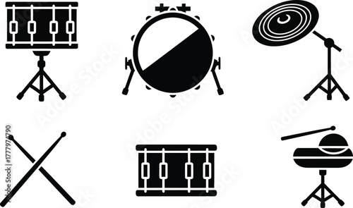 Drum kit elements set. Snare drum tripod stand, bass drum with spurs, ride cymbal on stand, pair of drumsticks, tom on stand, and hi‑hat on stand vector illustration icons