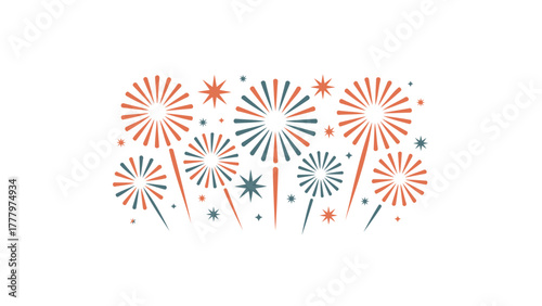 Vibrant abstract illustration of colorful fireworks exploding in a festive celebration against a white background